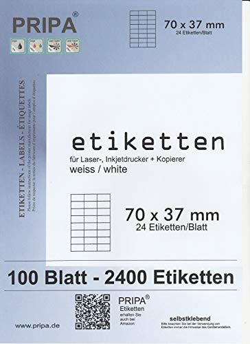 pripa Etiketten 70 x 37 mm, 100 Blatt DIN A4 Selbstklebende Etiketten. 24 Etiketten pro Bogen - 3 Spalten - 8 Reihen - 2400 Etiketten