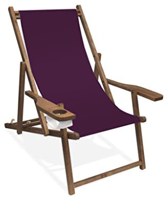 Holz-Liegestuhl mit Armlehne und Getränkehalter, Klappbar, mit dunkelbrauner Lasur, Wechselbezug (Aubergine)