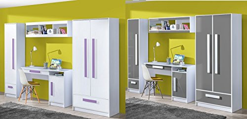QMM TraumMoebel Jugendzimmer Kinderzimmer komplett Gerome Set A in 4 Farben Fronten Hochglanz Schrank Schreibtisch Standregal Wandregal NEU