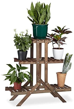 Relaxdays 10020749 Etagère à fleurs en bois escalier pour plantes échelle 3 étages 5 places HxlxP: 82,5 x 83 x 28,5 cm brun foncé