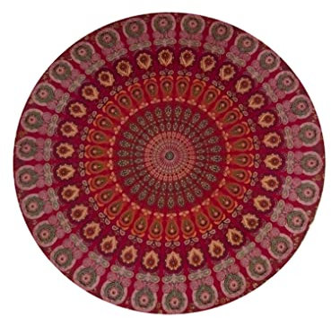 raajsee Indien Strandtuch Rund Mandala Hippie/Groß Indisch Rundes Baumwolle/Boho Runder Yoga Matte Tuch Meditation/Tischdecke Rund Decke Picknick handgefertigt Teppich 70 inch (Rotes Mandala)