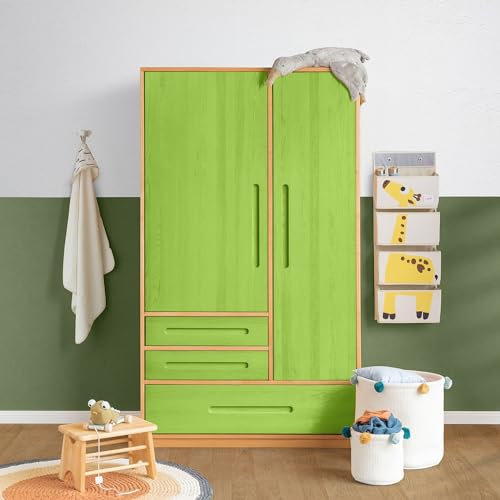 BioKinder Kleiderschrank Kinderkleiderschrank 2-türig Lina aus zertifizierten Bio-Massivholz Erle und Kiefer Apfelgrün lasiert H 190 x B 110 x T 55 cm