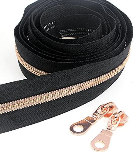 # 5 Rotgold metallic Nylon Spule Reißverschlüsse von The Yard Bulk 10 Yards schwarzes Band mit 25 Stück Rotgold Schieberegler für DIY Nähen Schneider Handwerk Tasche Leekayer (schwarz)