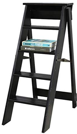 ZHZ-DT Haushaltsleiter Klapptreppe Klappstufen Trittleiter 5 Stufen aus Holz leicht und faltbar für Kind Erwachsene Leiterstuhl Hockerleiter für Bibliothek Küche Workzone, Schwarz
