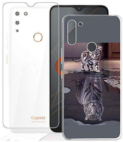 KJYF Hülle Schutzhülle Transparent Bumper Cover TPU + Schutzfolie für Gigaset GS4 (6.30 Zoll), Film Gehärtetem Glasfolie + Silikon Schale Case Handyhülle - Katze und Tiger
