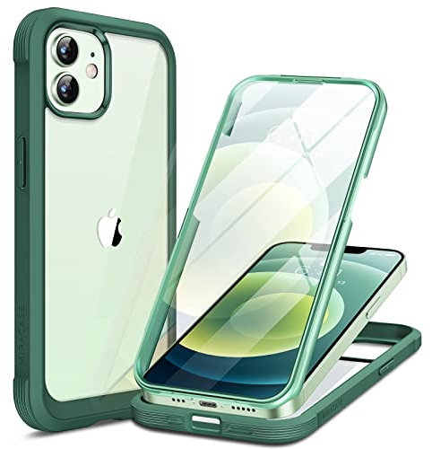 Miracase Compatible with iPhone 12/12 Pro Case 6.1 inch, [Built-in Glass Screen Protector] Full Body Rubber Bumper Case Cover (Dark Green)
