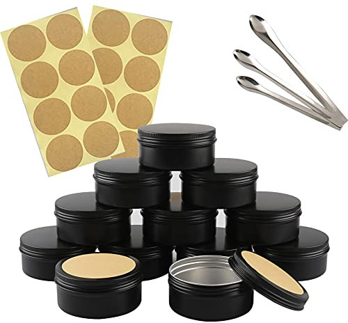 TIANZD 50 Stück Leere 150 ml Rund Matt Schwarz Aluminium Schraubdose Cremedose Alu-Tiegel Dosen mit Schraub-Deckel 15ml Aludose Blechdosen für Kosmetik Kerze Salben mit 3x Löffel 50x Etikette