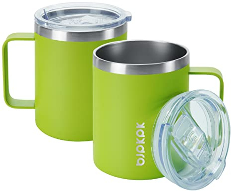 BJPKPK 2PCS Insulated Coffee Mug with Lid, 410 ml Stainless Steel Tumbler | Travel Coffee Mug with Handle, Vacuum Insulated Tumbler Cup for Camping, Office, Home, BPA Free Lid, Hot & Cold
