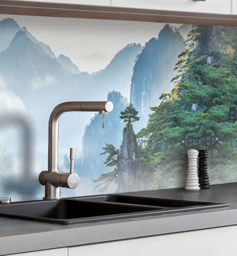 MyMaxxi Küchenrückwand Folie selbstklebend matt - einfache Montage ohne Bohren - Motiv Asia Gebirge 60cm hoch - Spritzschutz Küche Klebefolie - Berge Wald Landschaft 220 x 60cm