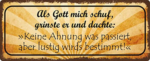 Metall Schild 27x10cm Als Gott mich schuf grinste er Sprüche Blechschild
