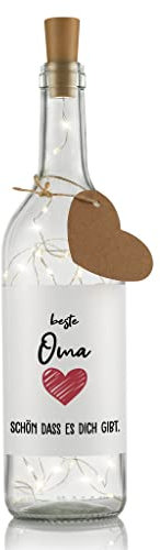 LIEBTASTISCH LED Flaschenlicht mit Spruch Beste Oma, schön dass es dich gibt - Geburtstagsgeschenk Beste Oma Geschenk Geburtstag - Flasche mit Lichterkette Flaschenkorken Korken - Inkl. Batterien