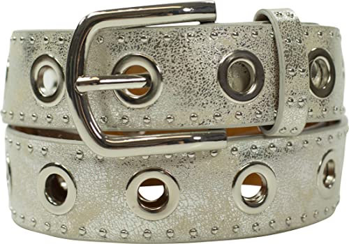 fashionchimp Damengürtel mit XXL-Ösen und Nietenbesatz, Gürtel im Vintage-Look, Jeansgürtel, Breite ca. 3,5cm (Silber, BW90cm - Gesamtlänge 105cm)