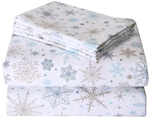 CAROMIO Weihnachts-Bettwäsche-Set für Doppelbett, 100 % Baumwolle, Flanell, bedruckt, weich, schwer, gebürstetes Flanell, 40.6 cm tiefe Tasche, Winter, 4-teilig (blaue Schneeflocke, Doppelbett)