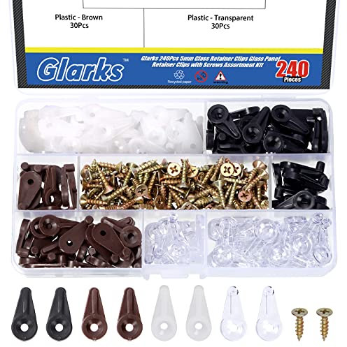 Glarks 240Pcs 4 Colors 5mm Glass Retainer Clips with Screws Kit, Clear/White/Black/Brown Plastic Glass Panel Retainer Clips Window Screen Cabinet Door Clips for Fixing Mirror Glass Cabinet Doors