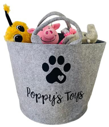 Personalised Dog Toy Basket - Available in Grey or Sand - Soft Felt Toy Box Foldable and Big - Perfect for any pet - Add your Pet's name (Grey)