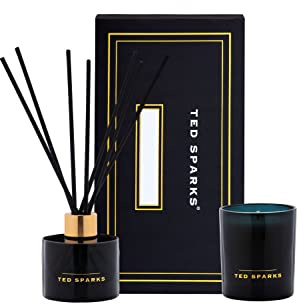 Ted Sparks Moss & Sandalwood Set Duftkerze & Diffuser Black aus Sojawachs hergestellt, Diffuser enthält 8 schwarze Faserstäbchen, bis zu 3 Monate lang Duft, TED-GB-M-C03