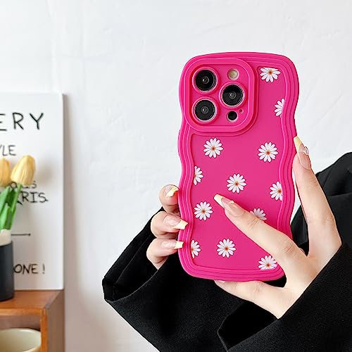 ZTOFERA Case for iPhone 14 Pro Max, Cute Curly Wave Frame Daisy Pattern Liquid Silicone Case, Flexible Shockproof Protective Bumper Cover for iPhone 14 Pro Max 6.7 - Hot Pink