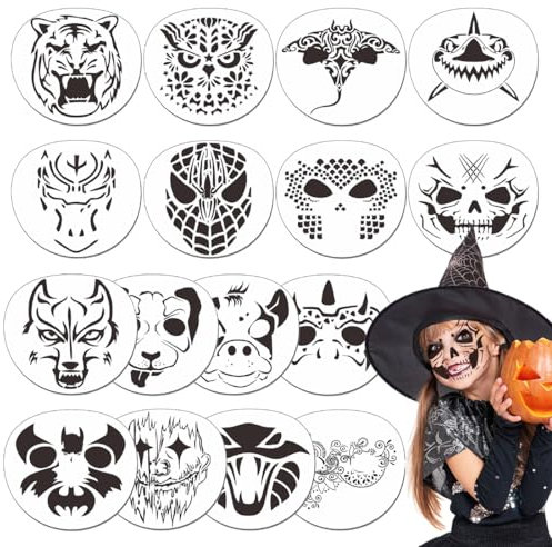 Wiederverwendbare Schablonen, 16pcs Tattoo Schablone für Gesicht und Körper, Face Paint Malschablonen, Malen Schablonen für Halloween Karneval Makeup Schminke DIY Verwendet Kinder Erwachsene