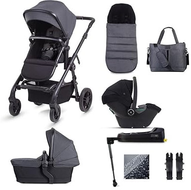 Silver Cross - Coast Travel System Ultimate Bundle - Carrycot, Accessory Pack & Glide Plus 360 Infant Carrier & ISOFIX Base - Multi-Terrain Pushchair - Newborn to 4 Years - Flint