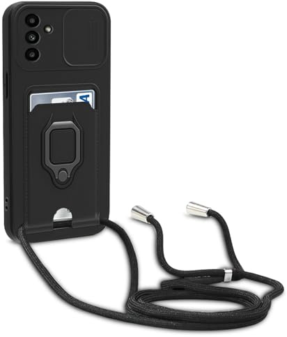 yanasuo Schiebe Kameraschutz Silikon Handykette Hülle kompatibel mit Samsung Galaxy S24 Plus, Metall Ring Halter Handy Cover,Verstellbarer Halskette Handyhülle-Schwarz