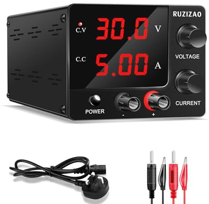 RUZIZAO DC Power Supply Variable (30V 5A), Mini Bench Adjustable Switching Regulated Power Supply with Upgraded Encoder, High Precision 3-Digits LED Display Lab Power Supplies