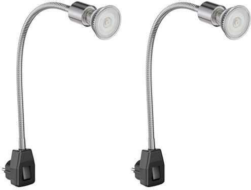 ledscom.de 2 Stück Steckdosenlampe LESCH Leselampe Schwanenhals Schalter chrom/schwarz + GU10 LED, PAR16, warmweiß, 374lm, 70°, 3-Stufen-Dimmer