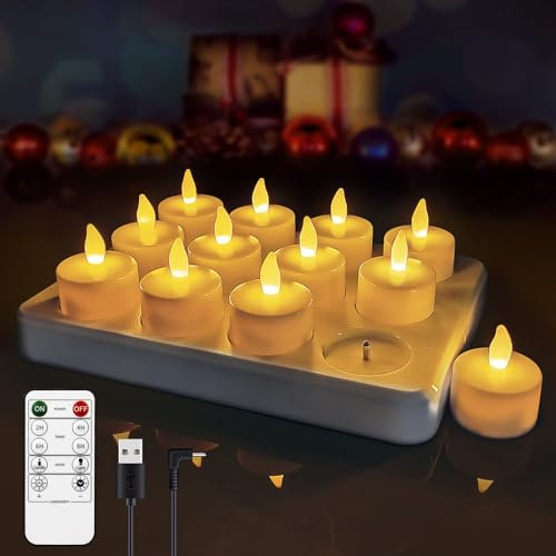 idyl light LED Wiederaufladbare Teelichter, LED-Kerze mit Fernbedienung Timer, Flackernde Votivkerzen Flammenlose Teelichter,Geeignet für Tischaufsätze zu Hause,Party-Dekora 12 Stück