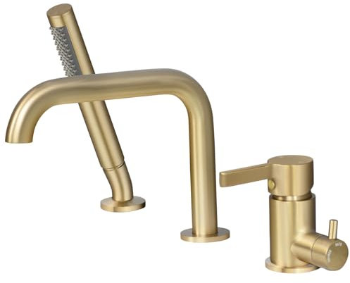 SHANFO 3 Loch Wannenrandarmatur, 3 Loch Badewannenarmatur mit 360°Drehbar Auslauf, Einzelgriff Wannenarmatur mit Handbrause, 3 Loch Armatur für Badewanne, Gold Gebürstet, 11Y4OK