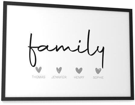 Papierschmiede® Family Bild Personalisiert mit Namen und Herzen, DIN A3 (30x42 cm) Rahmen wählbar, personalisierte Geschenke zum Einzug Hausbau Wohnung Einzugsgeschenk Flur Familie
