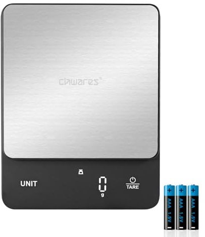 CHWARES Básculas digitales de cocina, 5kg / 1g, básculas para alimentos, básculas eléctricas de cocina, báscula digital impermeable, pantalla LCD, acero inoxidable
