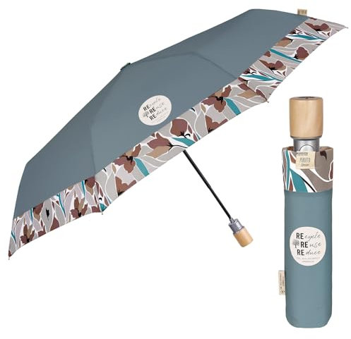 PERLETTI GREEN Ombrello Pieghevole Ecosostenibile Tessuto Riciclato Donna - Ombrello Pioggia Automatico Resistente Ecologico - Ombrello Mini da Borsa Viaggio - Diametro 96 cm (Verde Bordo Floreale)
