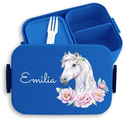 Kinder Bento Box Midi für Mepal Bentobox - Pferd Pferde - Lunchbox Pferdekopf Brotbox Pferdemädchen Geschenk Mädchen I - 900 ml - Blau - personalisierte brotdosen vorschulkinder geschenke horse