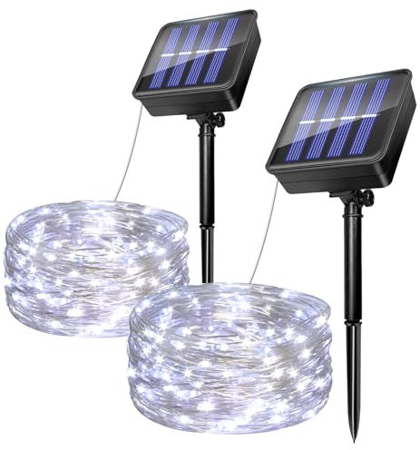 Lot de 2 Guirlande Lumineuse Exterieure Solaire, 5M 50 LED Guirlande Solaire Exterieur Fil de Cuivre, 8 Modes IP65 Etanches Lumière Solaire Décoration pour Jardin Terrasse Noël Fête (Blanc Froid)