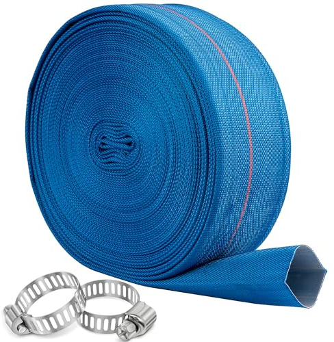 Pool Backwash Hose 3 × 65 ft Heavy Duty Flexible PVC Discharge Hose | Reinforced Lay Flat Pump Drain Hose for Water Transfer, 4.7 inch Width Lay Flat, with 2 Clamps(3 in-65ft, Anti-abrasion)