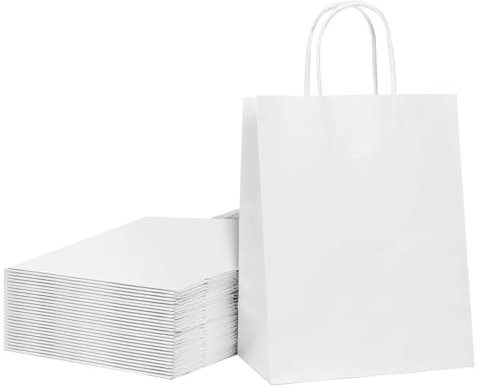30 White Paper Bags, White Gift Wrap Bags with Handles Kraft Paper Party Bags for Party, Birthday, White Paper Bags Supplies, Single size 21 * 11 * 27 cm (White)