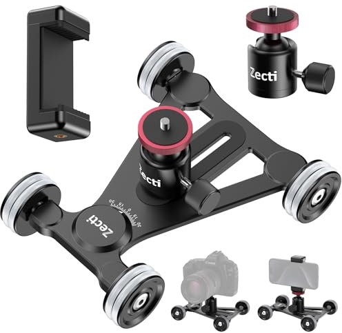 Camera Slider Dolly with Ball Head & Phone Clamp, 360° Panorama Silent Movement Camera Dolly Car for DSLR Camera, Camcorder, Gopro, iPhone, Phone