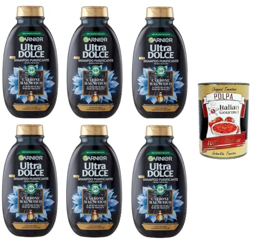 G. Ultra Dolce Shampoo Purificante e Idratante Carbone Magnetico, Reinigendes und feuchtigkeitsspendendes magnetisches Aktivkohle-Shampoo, 6x250 ml+ Italian Gourmet polpa 400g