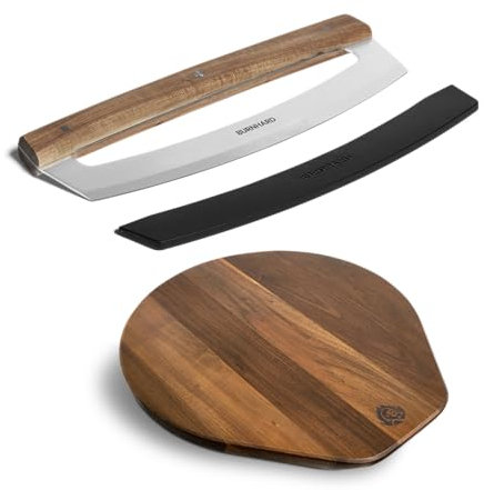 BURNHARD Pizzabrett Bundle mit Wiegemesser, Klingenstahl & Akazienholz, 34 cm ⌀ runder Pizzateller mit Griff
