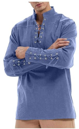 Qzeanxy Leinen Tunika Herren Viking Kostüm Schnürhemd Halloween Mittelalterliches Vintage-Kostüm Hemd Universal Fit Kostüm Mit Schnürung Baumwolle Leinenhemd Langarm Freizeithemd Mitteralterhemd