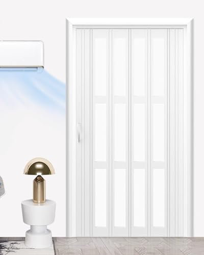 Falttür Schiebetür-Set mit Schienensystem Aus Aluminiumlegierung und Acrylgitterfenster, Platzsparender Kleiderschrank für Badezimmer mit Weißen Falttüren, Raumteiler(37x80in (94x203cm))