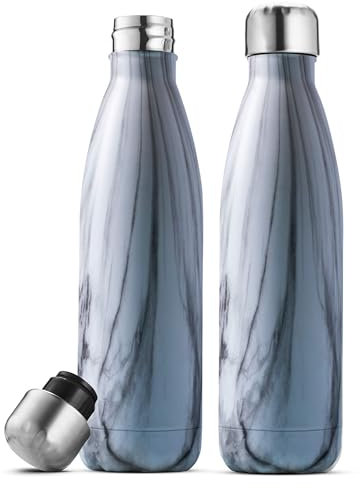 2 Pack 500ml Stainless Steel Insulated Water Bottles | Leak-Proof & Shatter-Resistant | 24-Hour Hot & 12-Hour Cold | Multiple Colours Available (Fresh White Marble)