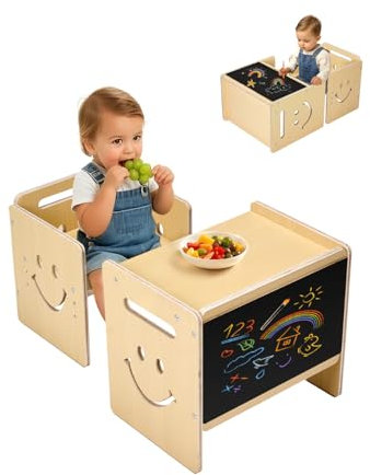 VEVOR 3 en 1 Juego de Mesa y Silla Montessori para Destete con Pizarra, Mesa Montessori de Altura Ajustable 424 x 300 x 385 mm para Leer, Dibujar y Comer para Niños de 1 a 5 Años, Color Madera