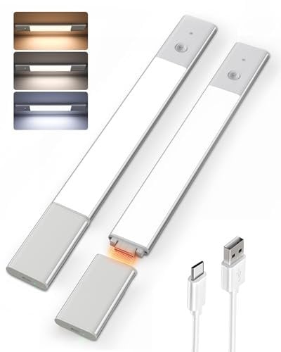 EZVALO Schrankbeleuchtung Kabellos 38CM, Unterbauleuchte Küche LED 3 Farbtemperaturen Dimmbar mit 3 Abnehmbarer Akku Bewegungsmelder für Kleiderschrank, Küche, Treppe (2 Stück)