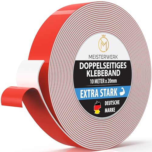 MEISTERWERK Doppelseitiges Klebeband ohne Bohren - [EXTRA STARK] - Universelles Montageband I Doppelseitiges Klebeband stark I Doppelklebeband (10m x 20mm)
