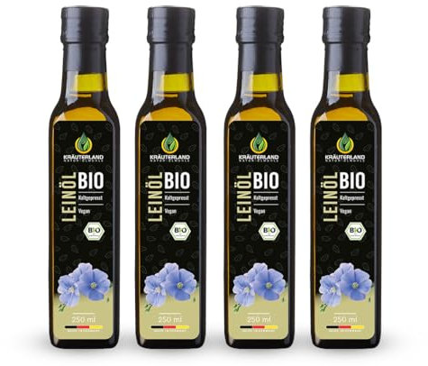 Kräuterland Bio Leinöl 4X250ml (1Liter), bio Leinsamen, kaltgepresst, mild und nussig, reich an Lignane und Omega 3-6-9 Fettsäuren, naturrein ohne Zusatzstoffe, glasflasche, mühlenfrisch