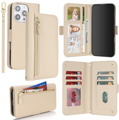 SailorTech for iPhone 16 Pro Max Phone Case Wallet with Card Holder for Women, iPhone 16 Pro Max Wallet Case with Credit Card Slots Flip Case Zipper Shockproof Case for Men - Beige