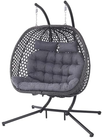 SICILY GARDEN DOUBLE EGG CHAIR OUTDOOR INDOOR FOLDING RATTAN METAL HANGING SWINGING CHAIR (Grey)
