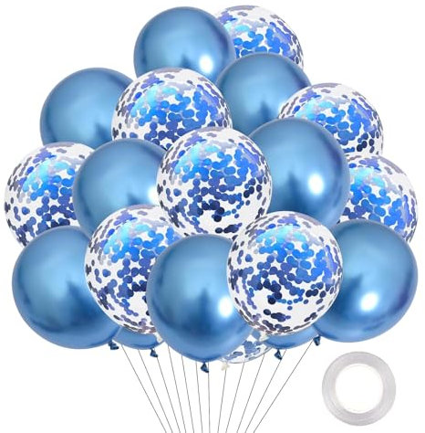 Ovanda Luftballons Blau, 16 Stk Metallic Blau Luftballons Geburtstag Konfetti Blau Helium Ballons, Blaue Luftballons Taufe Deko Junge Mädchen, für Kinder Geburtstag Hochzeit Taufe Baby Shower Deko