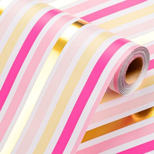 Wikadlik Geschenkpapierrolle, 43 cm x 10 m, goldfarben und rosa Streifen mit Schnittlinien, elegantes Geschenkpapier für Hochzeit, Valentinstag, Muttertag, Geburtstag, Urlaub
