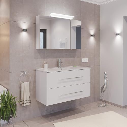 Lomadox Badezimmermöbel Badmöbel Set 2-teilig, Waschtisch Waschplatz 100cm breit mit Waschbecken, 2 Softclose-Schubladen und LED Spiegel, in weiß